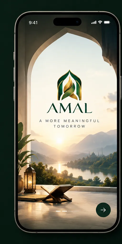 Onboarding: the AMAL logo framed by an arch over a sunrise, captioned ‘A more meaningful tomorrow’.