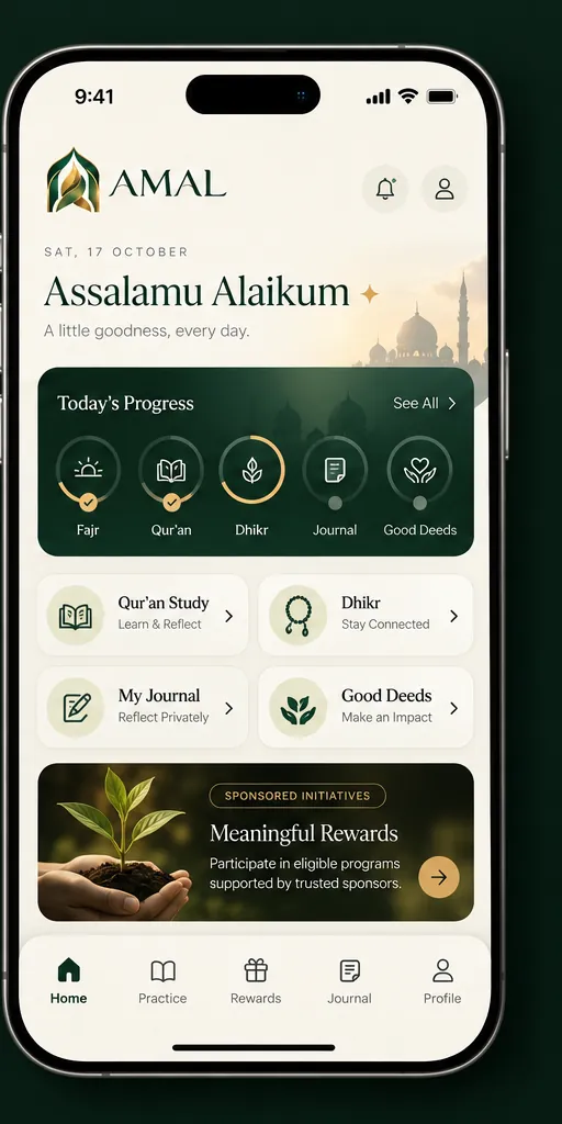 Home variant: today’s progress for Fajr, Qur’an, dhikr, journal and good deeds, plus a meaningful rewards card.