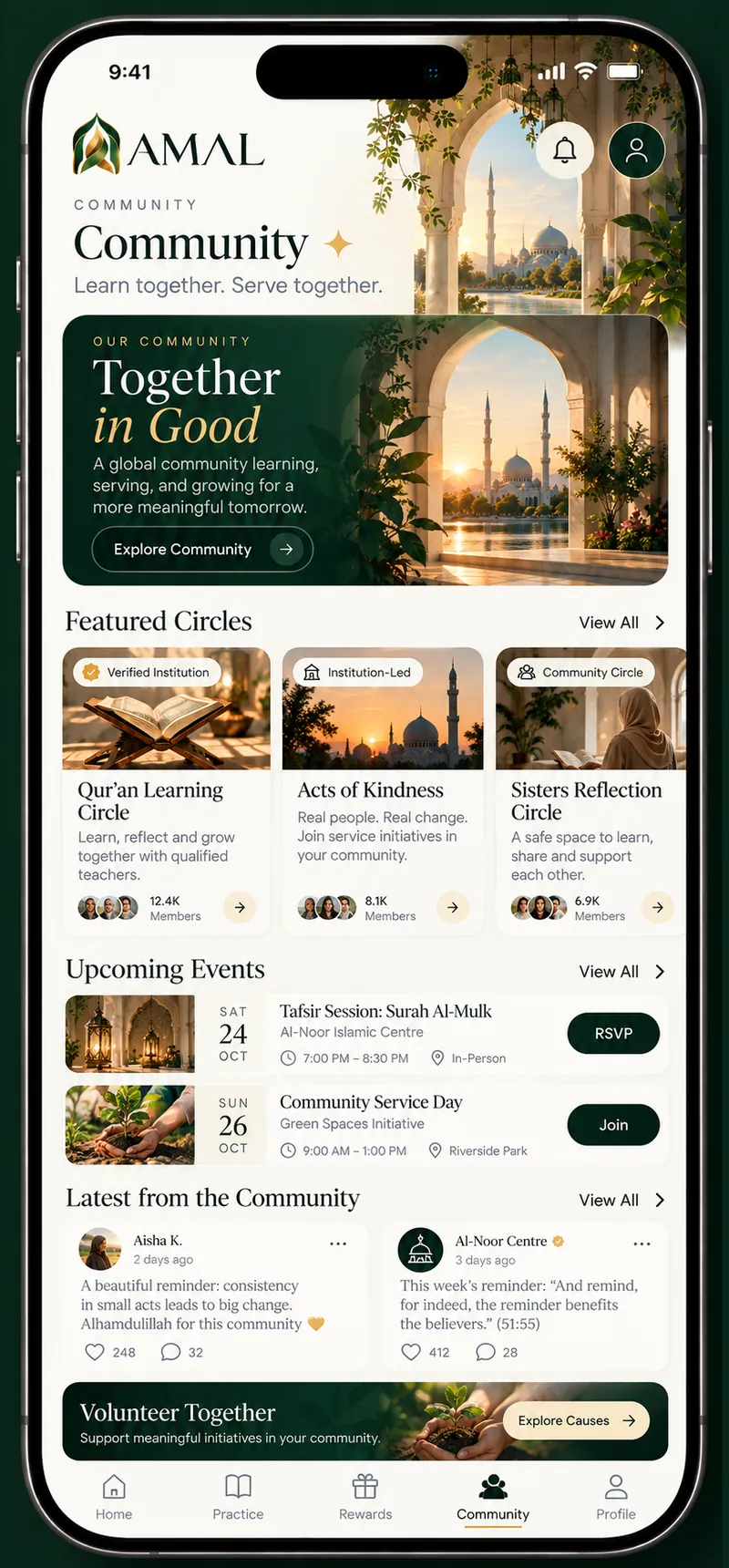 Community: featured circles, upcoming events and community posts.