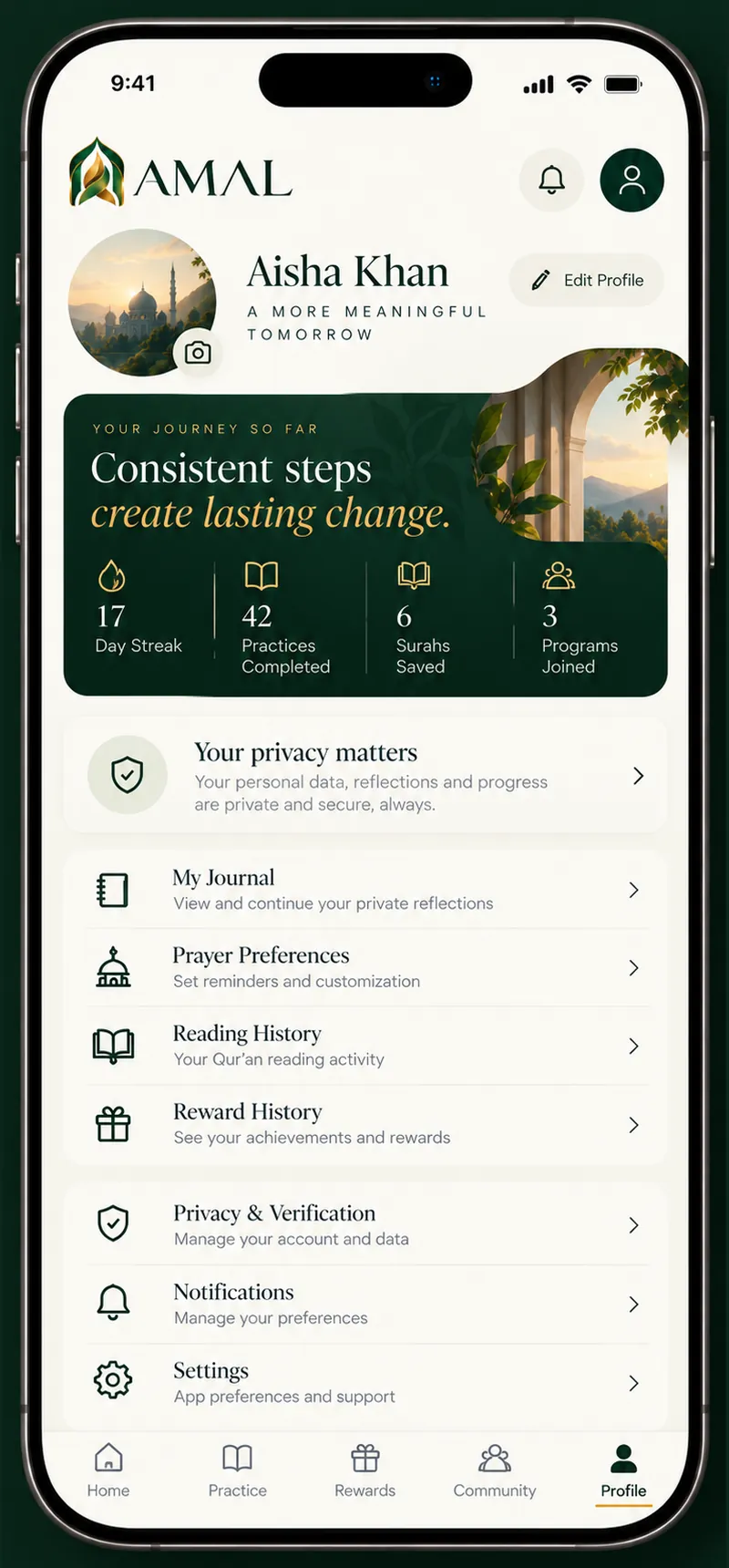Profile: consistent steps, privacy settings, journal and reward history.