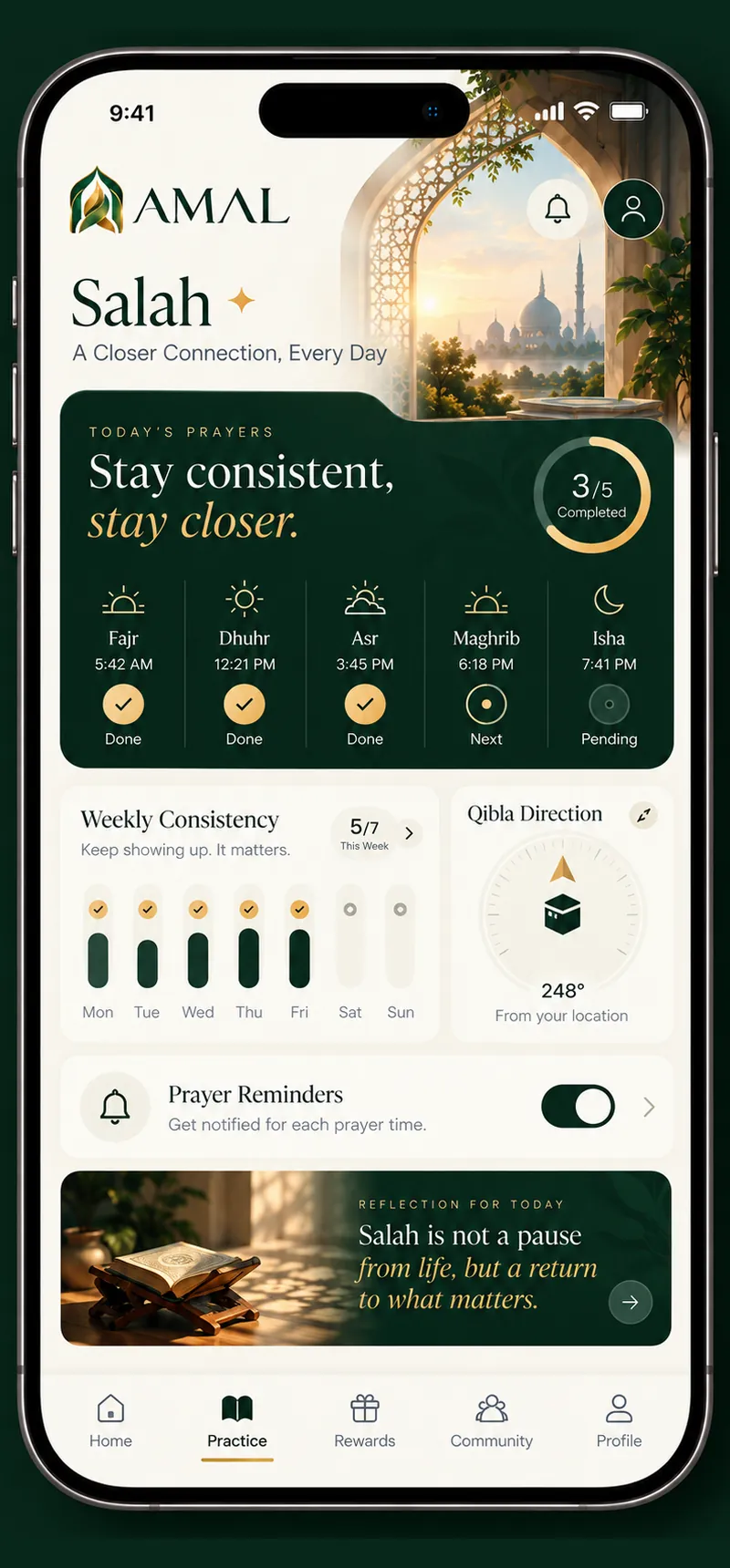 Salah: daily prayers, weekly consistency and qibla direction.