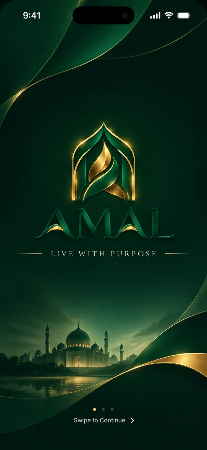 Splash screen: the AMAL emblem above the line ‘Live with purpose’ over a masjid silhouette.